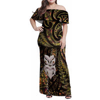 New Zealand Aotearoa Family Matching Off Shoulder Maxi Dress and Hawaiian Shirt Maori Wheku Paua Shell Glitter Gold LT05 Mom's Dress Gold - Polynesian Pride