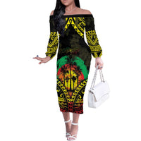 Aloha Tropical Palm Trees Family Matching Off The Shoulder Long Sleeve Dress and Hawaiian Shirt Reggae Polynesian Pattern