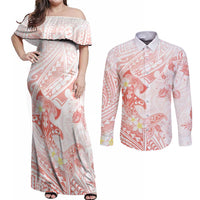 Polynesia Hammerhead Shark Couples Matching Off Shoulder Maxi Dress and Long Sleeve Button Shirt Tropical Flowers Tribal Pattern Peach
