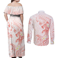 Polynesia Hammerhead Shark Couples Matching Off Shoulder Maxi Dress and Long Sleeve Button Shirt Tropical Flowers Tribal Pattern Peach