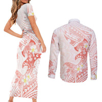 Polynesia Hammerhead Shark Couples Matching Short Sleeve Bodycon Dress and Long Sleeve Button Shirt Tropical Flowers Tribal Pattern Peach