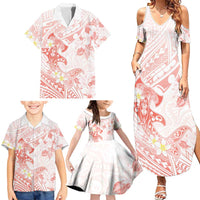 Polynesia Hammerhead Shark Family Matching Summer Maxi Dress and Hawaiian Shirt Tropical Flowers Tribal Pattern Peach