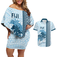 Custom Fiji Regatta Couples Matching Off Shoulder Short Dress and Hawaiian Shirt Palm Tree Tapa Pattern - Polynesian Pride
