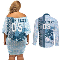 Custom Fiji Regatta Couples Matching Off Shoulder Short Dress and Long Sleeve Button Shirt Palm Tree Tapa Pattern - Polynesian Pride