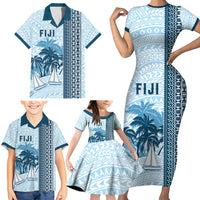 Custom Fiji Regatta Family Matching Short Sleeve Bodycon Dress and Hawaiian Shirt Palm Tree Tapa Pattern - Polynesian Pride