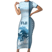 Custom Fiji Regatta Family Matching Short Sleeve Bodycon Dress and Hawaiian Shirt Palm Tree Tapa Pattern - Polynesian Pride