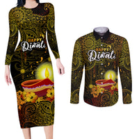 Happy Diwali Festival Couples Matching Long Sleeve Bodycon Dress and Long Sleeve Button Shirts Diya Lamp Hibiscus Polynesian Pattern LT05 Yellow - Polynesian Pride