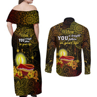 Happy Diwali Festival Couples Matching Off Shoulder Maxi Dress and Long Sleeve Button Shirts Diya Lamp Hibiscus Polynesian Pattern LT05 - Polynesian Pride