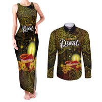 Happy Diwali Festival Couples Matching Tank Maxi Dress and Long Sleeve Button Shirts Diya Lamp Hibiscus Polynesian Pattern LT05 Yellow - Polynesian Pride
