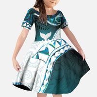 Aotearoa New Zealand Family Matching Off The Shoulder Long Sleeve Dress and Hawaiian Shirt Maori Wera Paua Shell Teal Glitter