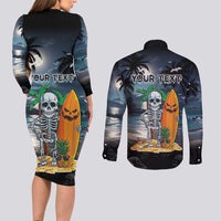 Personalised Hawaii Halloween Couples Matching Long Sleeve Bodycon Dress and Long Sleeve Button Shirt Hallowaiian Skeleton Surf