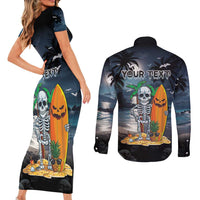 Personalised Hawaii Halloween Couples Matching Short Sleeve Bodycon Dress and Long Sleeve Button Shirt Hallowaiian Skeleton Surf