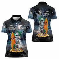 Personalised Hawaii Halloween Women Polo Shirt Hallowaiian Skeleton Surf