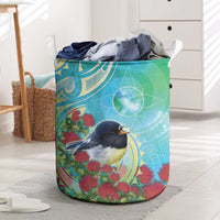New Zealand Tomtit Laundry Basket Maori Koru With Pohutukawa Galaxy Style - Polynesian Pride