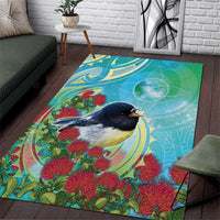 New Zealand Tomtit Area Rug Maori Koru With Pohutukawa Galaxy Style - Polynesian Pride