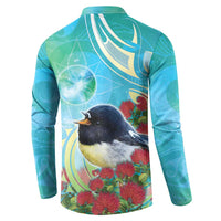 New Zealand Tomtit Button Sweatshirt Maori Koru With Pohutukawa Galaxy Style - Polynesian Pride