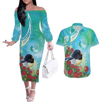 New Zealand Tomtit Couples Matching Off The Shoulder Long Sleeve Dress and Hawaiian Shirt Maori Koru With Pohutukawa Galaxy Style LT05 Aqua - Polynesian Pride