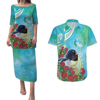 New Zealand Tomtit Couples Matching Puletasi and Hawaiian Shirt Maori Koru With Pohutukawa Galaxy Style - Polynesian Pride