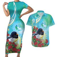 New Zealand Tomtit Couples Matching Short Sleeve Bodycon Dress and Hawaiian Shirt Maori Koru With Pohutukawa Galaxy Style LT05 Aqua - Polynesian Pride