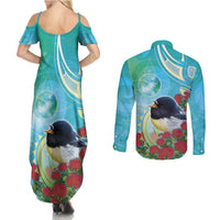 New Zealand Tomtit Couples Matching Summer Maxi Dress and Long Sleeve Button Shirt Maori Koru With Pohutukawa Galaxy Style LT05 - Polynesian Pride