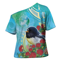 New Zealand Tomtit Cross Shoulder Shirt Maori Koru With Pohutukawa Galaxy Style LT05 - Polynesian Pride