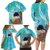 New Zealand Tomtit Family Matching Long Sleeve Bodycon Dress and Hawaiian Shirt Maori Koru With Pohutukawa Galaxy Style LT05 - Polynesian Pride