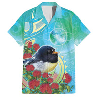 New Zealand Tomtit Family Matching Long Sleeve Bodycon Dress and Hawaiian Shirt Maori Koru With Pohutukawa Galaxy Style LT05 Dad's Shirt - Short Sleeve Aqua - Polynesian Pride