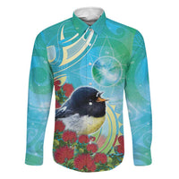 New Zealand Tomtit Family Matching Long Sleeve Bodycon Dress and Hawaiian Shirt Maori Koru With Pohutukawa Galaxy Style LT05 Dad's Shirt - Long Sleeve Aqua - Polynesian Pride