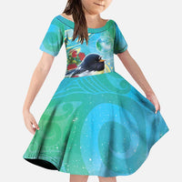 New Zealand Tomtit Family Matching Mermaid Dress and Hawaiian Shirt Maori Koru With Pohutukawa Galaxy Style LT05 Daughter's Dress Aqua - Polynesian Pride