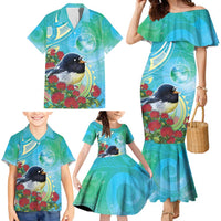 New Zealand Tomtit Family Matching Mermaid Dress and Hawaiian Shirt Maori Koru With Pohutukawa Galaxy Style LT05 - Polynesian Pride