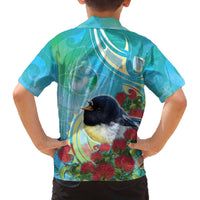 New Zealand Tomtit Family Matching Off The Shoulder Long Sleeve Dress and Hawaiian Shirt Maori Koru With Pohutukawa Galaxy Style LT05 - Polynesian Pride