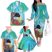 New Zealand Tomtit Family Matching Off The Shoulder Long Sleeve Dress and Hawaiian Shirt Maori Koru With Pohutukawa Galaxy Style - Polynesian Pride