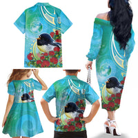 New Zealand Tomtit Family Matching Off The Shoulder Long Sleeve Dress and Hawaiian Shirt Maori Koru With Pohutukawa Galaxy Style LT05 - Polynesian Pride