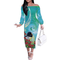 New Zealand Tomtit Family Matching Off The Shoulder Long Sleeve Dress and Hawaiian Shirt Maori Koru With Pohutukawa Galaxy Style - Polynesian Pride