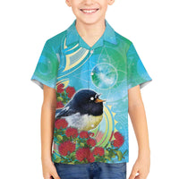 New Zealand Tomtit Family Matching Off The Shoulder Long Sleeve Dress and Hawaiian Shirt Maori Koru With Pohutukawa Galaxy Style - Polynesian Pride