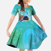 New Zealand Tomtit Family Matching Off Shoulder Maxi Dress and Hawaiian Shirt Maori Koru With Pohutukawa Galaxy Style LT05 Daughter's Dress Aqua - Polynesian Pride