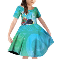 New Zealand Tomtit Family Matching Off Shoulder Short Dress and Hawaiian Shirt Maori Koru With Pohutukawa Galaxy Style LT05 Daughter's Dress Aqua - Polynesian Pride