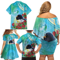 New Zealand Tomtit Family Matching Off Shoulder Short Dress and Hawaiian Shirt Maori Koru With Pohutukawa Galaxy Style - Polynesian Pride