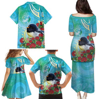 New Zealand Tomtit Family Matching Puletasi and Hawaiian Shirt Maori Koru With Pohutukawa Galaxy Style LT05 - Polynesian Pride