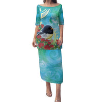 New Zealand Tomtit Family Matching Puletasi and Hawaiian Shirt Maori Koru With Pohutukawa Galaxy Style LT05 Mom's Dress Aqua - Polynesian Pride