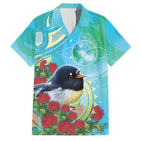 New Zealand Tomtit Family Matching Summer Maxi Dress and Hawaiian Shirt Maori Koru With Pohutukawa Galaxy Style LT05 Dad's Shirt - Short Sleeve Aqua - Polynesian Pride
