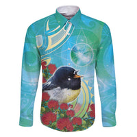 New Zealand Tomtit Family Matching Summer Maxi Dress and Hawaiian Shirt Maori Koru With Pohutukawa Galaxy Style LT05 Dad's Shirt - Long Sleeve Aqua - Polynesian Pride