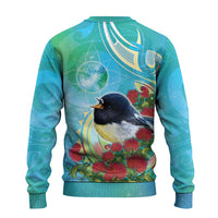 New Zealand Tomtit Ugly Christmas Sweater Maori Koru With Pohutukawa Galaxy Style - Polynesian Pride