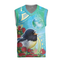 New Zealand Tomtit Christmas Knitted V-Neck Vest Maori Koru With Pohutukawa Galaxy Style - Polynesian Pride