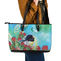 New Zealand Tomtit Leather Tote Bag Maori Koru With Pohutukawa Galaxy Style - Polynesian Pride