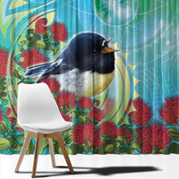 New Zealand Tomtit Window Curtain Maori Koru With Pohutukawa Galaxy Style - Polynesian Pride