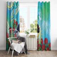New Zealand Tomtit Window Curtain Maori Koru With Pohutukawa Galaxy Style - Polynesian Pride