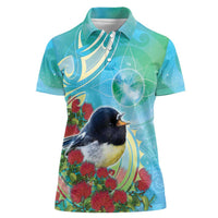 New Zealand Tomtit Women Polo Shirt Maori Koru With Pohutukawa Galaxy Style LT05 Female Aqua - Polynesian Pride