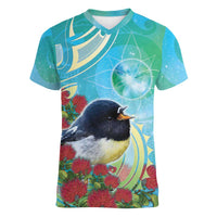 New Zealand Tomtit Women V-Neck T-Shirt Maori Koru With Pohutukawa Galaxy Style - Polynesian Pride