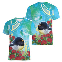 New Zealand Tomtit Women V-Neck T-Shirt Maori Koru With Pohutukawa Galaxy Style - Polynesian Pride